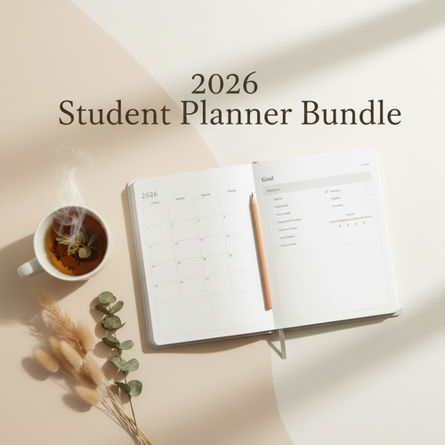 2026 Student Planner Bundle – cozy flat lay with open planner, tea, and dried flowers